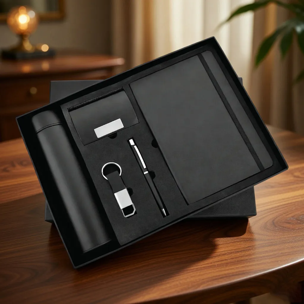 Employee welcome kit with branded notebook, pen and mug set